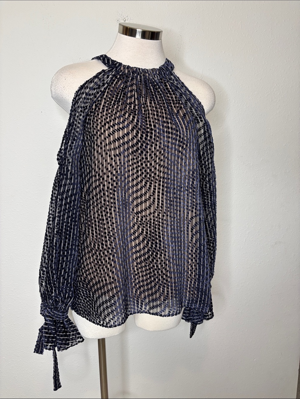 BCBGMaxAzria Navy Sheer Halter Blouse with Textured Dots
